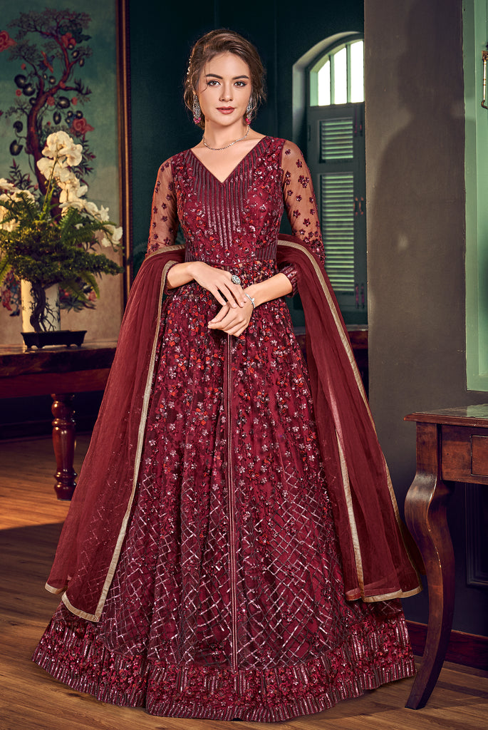 1544951: Party Wear Red and Maroon color Fancy Fabric fabric Gown